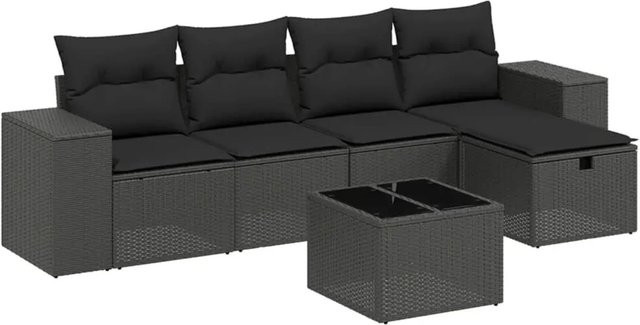 vidaXL 6-tlg Garten-Sofagarnitur aus Poly-Rattan mit Kissen und Glastisch in Schwarz - Bild 1