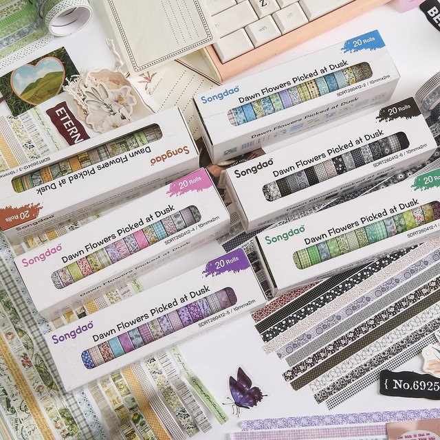 20 Rollen Washi-Tape Set mit floralem Retro-Vintage Blumen- und Karo-Design in Multicolour für Scrapbooking und DIY-Bastelarbeiten - Bild 1