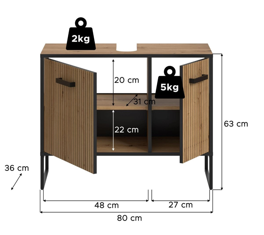 Waschbeckenunterschrank Scana in Eiche, modern und matt, B/T/H: 80 x 36 x 63 cm - Bild 6