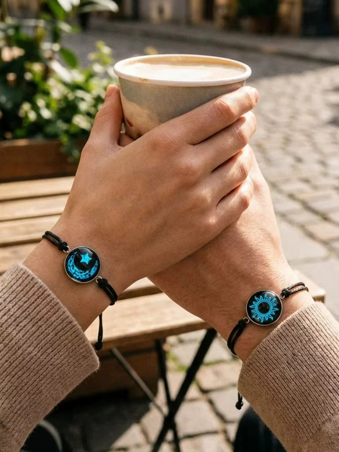 Rinhoo Paararmbänder, Sonnen- und Mondmuster, rundes Glas, Unisex - Bild 1