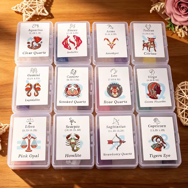RYCRYSTAL 12 Sternzeichen Natürliche Kristall-Obelisken aus Stein in Rosa als Dekoration und Geschenkset - Bild 1
