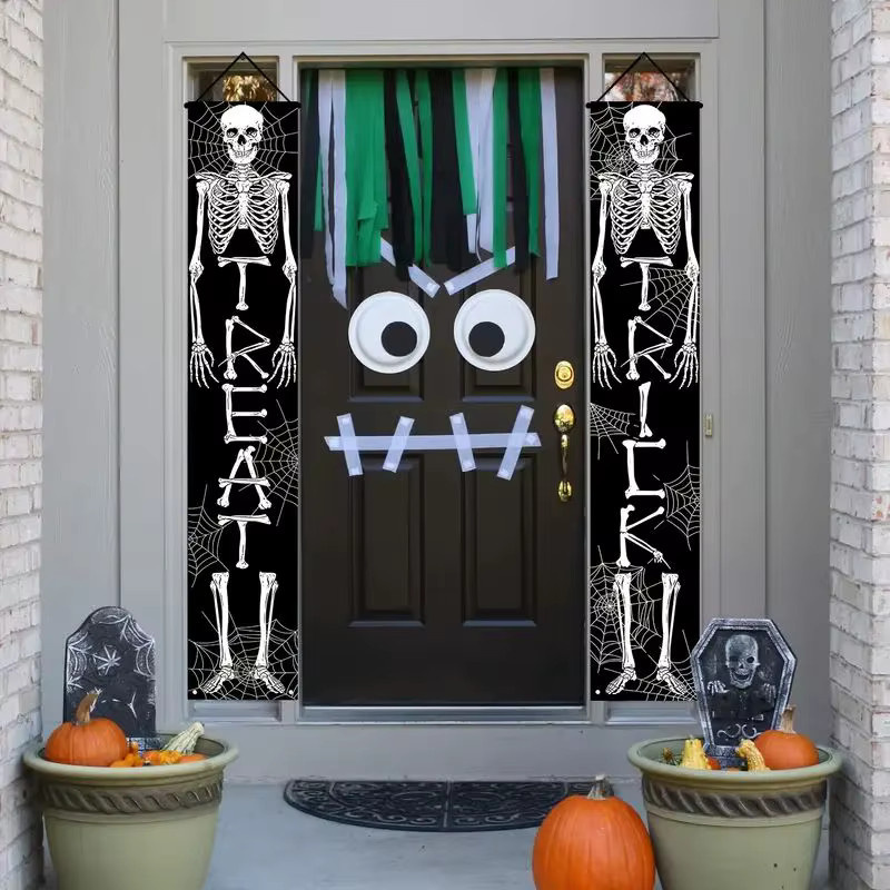 VIKAMA Halloween Türbanner Geisterschädel mit Süßes oder Saures Schriftzug, hängendes Party-Dekor in Schwarz-Weiß, B/H: 30 x 180 cm - Bild 2
