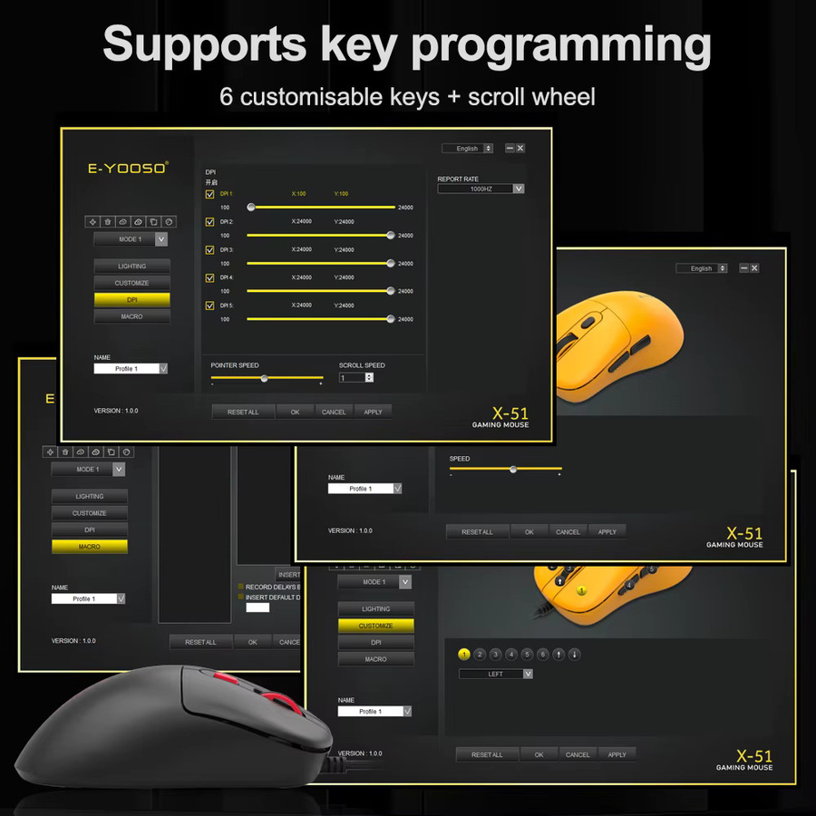 E-YOOSO X-51 USB-Gaming-Maus mit Kabel, 24000 DPI, 6 Tasten, programmierbare optische Gaming-Maus in Schwarz für PC und Laptop - Bild 3