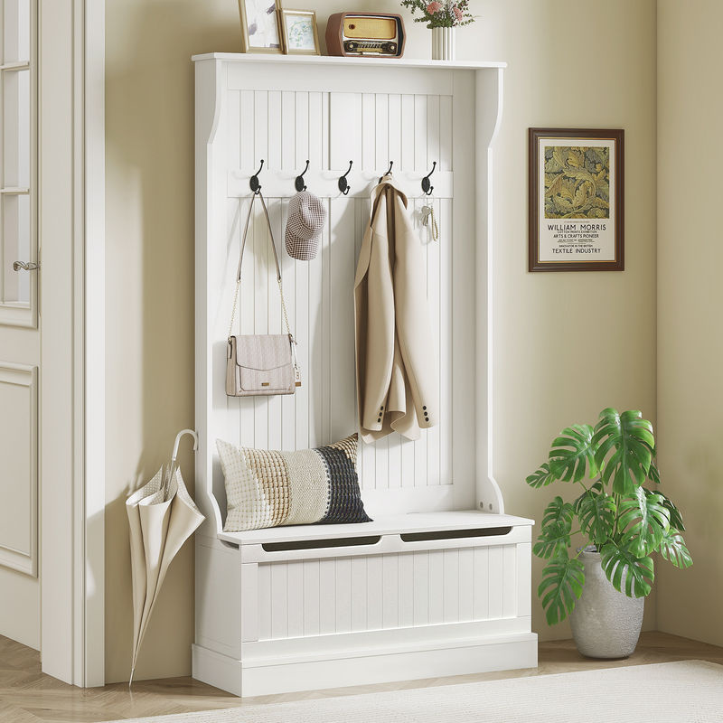 HOMCOM Garderobenständer mit Sitzbank und Haken für den Eingangsbereich, Weiß, B/T/H: 96 x 34 x 179,7 cm - Bild 2