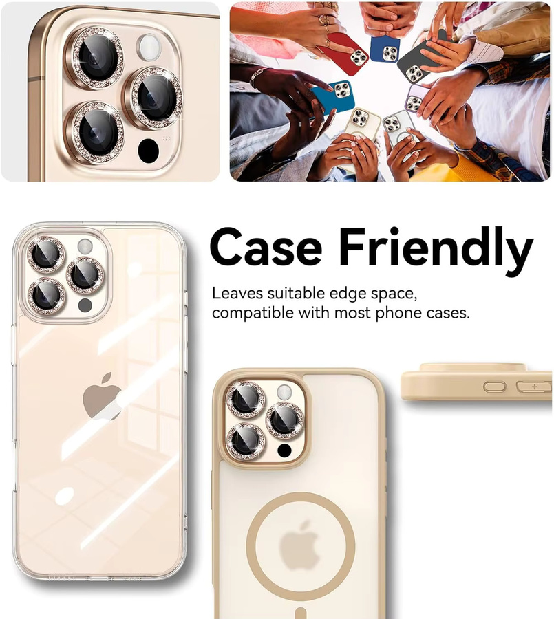 Kameraobjektivschutz Set für Apple iPhone 17-11 Pro Max mit Glitzer-Metallrand aus gehärtetem 9H HD Glas in Wüstentitan-Gold - Bild 6