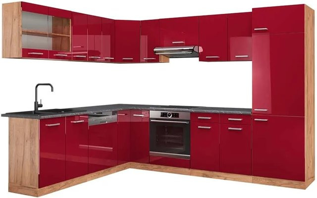 Vicco R-Line Eckküche modern in Bordeaux Hochglanz und Goldkraft Eiche mit Anthrazit, B/T/H: 227 x 287 x 207 cm - Bild 1