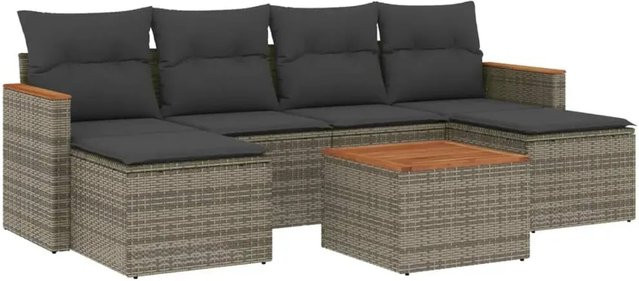 vidaXL 7-teilige Garten-Sofagarnitur aus Poly-Rattan und Akazienholz in Grau mit Kissen - Bild 1