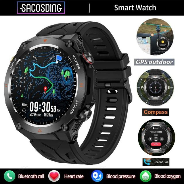 SACOSDING Smartwatch mit GPS, Kompass und 1,45 Zoll AMOLED Display, wasserdicht nach 1ATM, Bluetooth 5.2 für Anrufe und Sprachassistent, schwarz - Bild 1