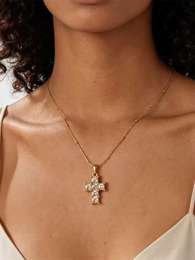EILIECK Halskette mit Kreuz-Anhänger, Zirkonia, Gold, Damen - Bild 4