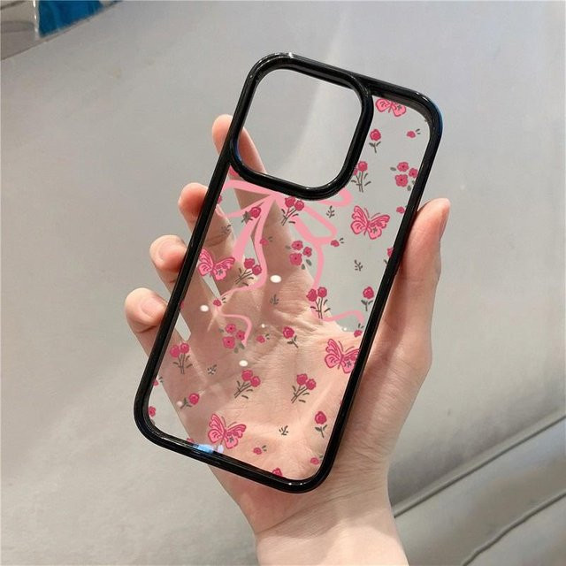 Yiran Bag Schutzhülle für iPhone 16 Pro bis iPhone 7/8 Plus mit Schleifen, Schmetterling und Kirschen in Transparent/Rosa oder Schwarz - Bild 1