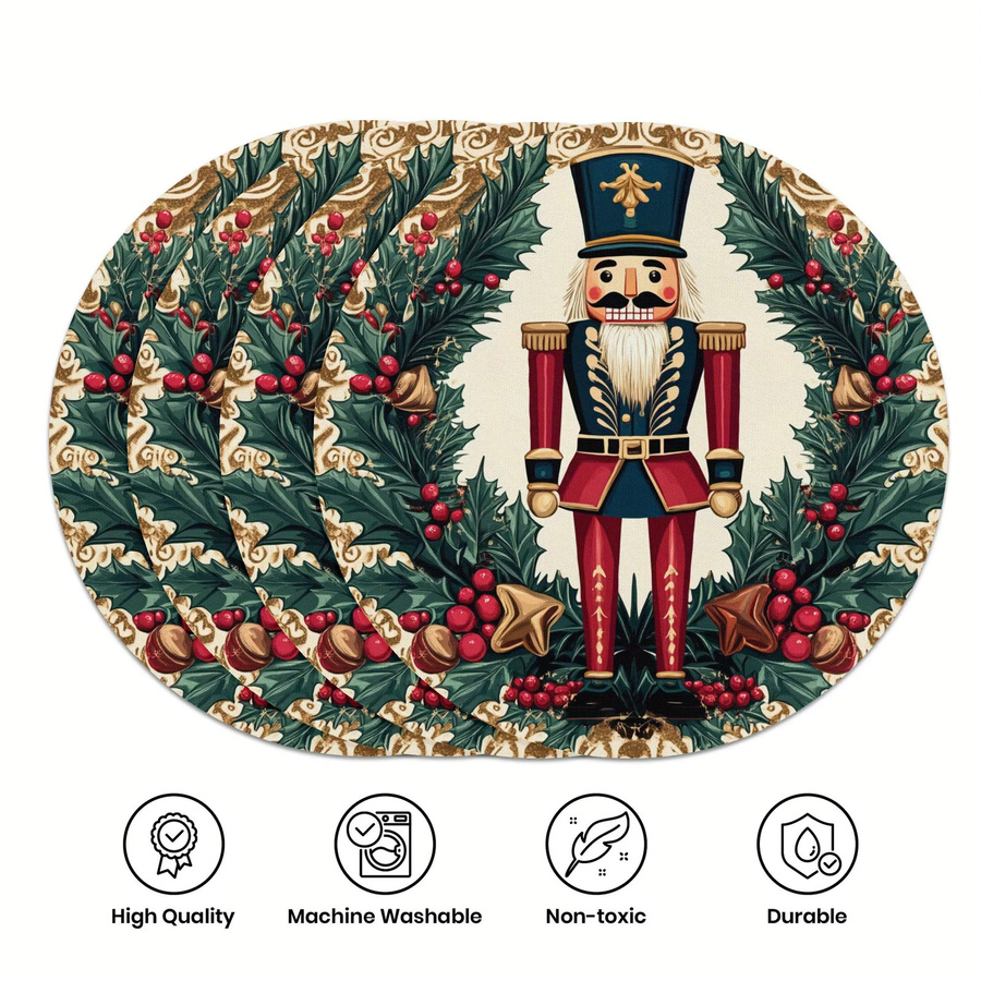 VIKAMA Vintage Weihnachts-Tischsets mit Nussknacker- und Beeren-Design, rund, Mehrfarbig, Durchmesser: 38 cm - Bild 3
