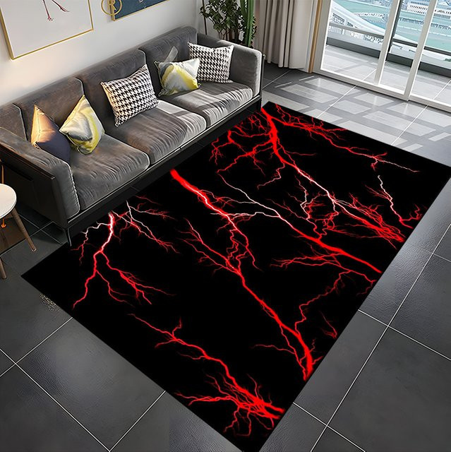 Potdemiel 3D-Teppich mit Blitzstreifen in Schwarz, rutschfeste rechteckige Bodenmatte für Wohnzimmer, Schlafzimmer und Kinderzimmer - Bild 1