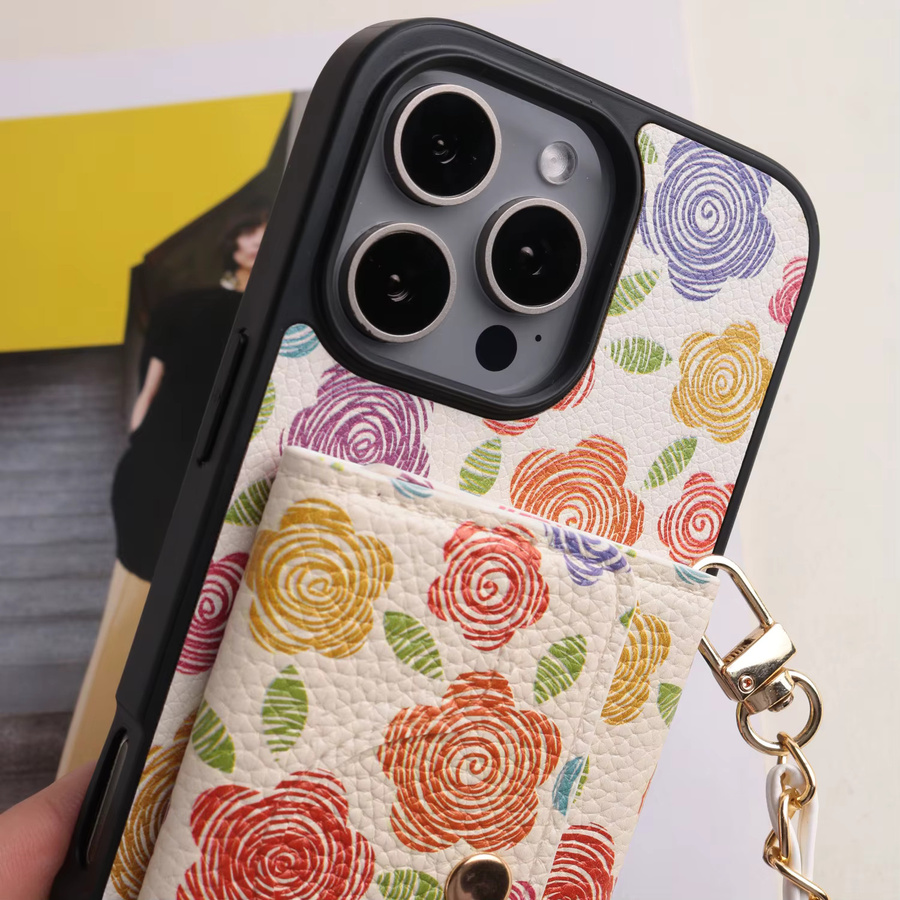 Hardware Crossbody Lanyard Flip Hülle aus Kunstleder mit Blumendruck und Kartenhalter für iPhone 11 bis iPhone 17 Pro Max, Multicolor - Bild 5