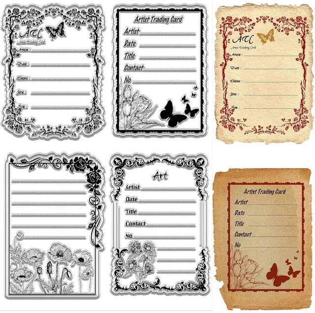 Transparenter ATC-Rahmen Stempel mit Vintage-Schmetterling und Blumen für Journaling - Bild 1