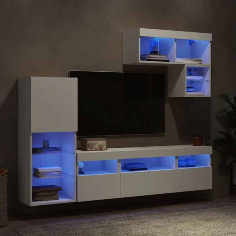 Modernes 6-tlg. Wohnwand Set mit LED-Beleuchtung von Vidaxl in Weiß aus Holzwerkstoff und Glas inklusive TV-Schrank - Bild 1