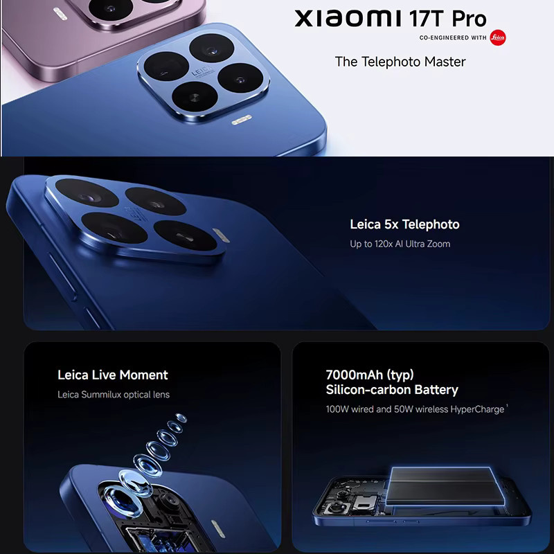 Xiaomi 17T Pro Smartphone Global Version mit HyperOS, 6.83 Zoll AMOLED Display, Leica 5X Telephoto Linse und 7000mAh Silicon-carbon Akku, Blau - Bild 2