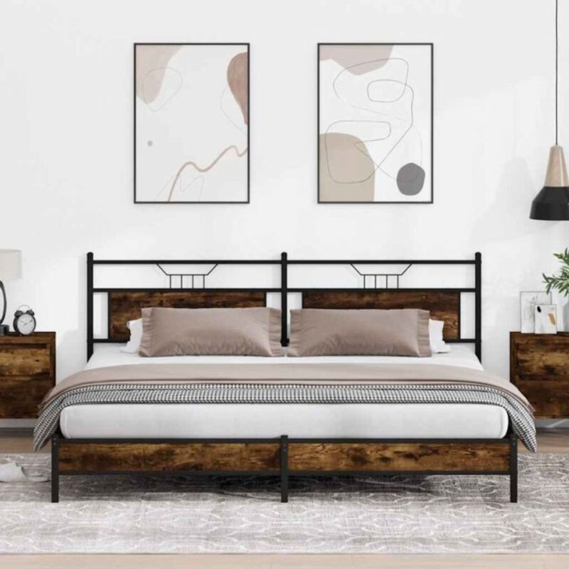 Metallbett vidaxl in Räuchereiche und Braun aus Metall und Holzwerkstoff im Industrial Design ohne Matratze B: 193 cm, T: 201 cm, H: 91,5 cm - Bild 1