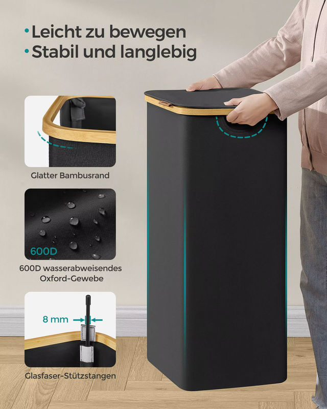 SONGMICS Wäschekorb mit Deckel und herausnehmbarem Wäschesack in Weiß, 90 L, aus Oxford-Gewebe mit Bambusgriffen - Bild 3