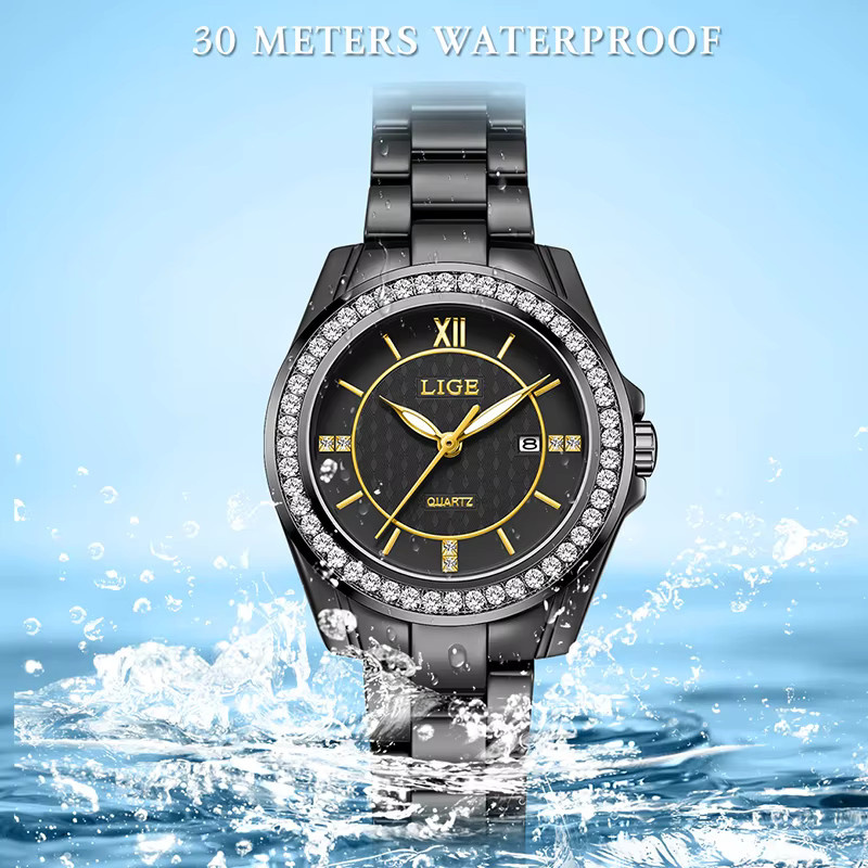 LIGE Armbanduhr, Chronograph, Keramik, Schwarz, Quarz, Damen - Bild 3