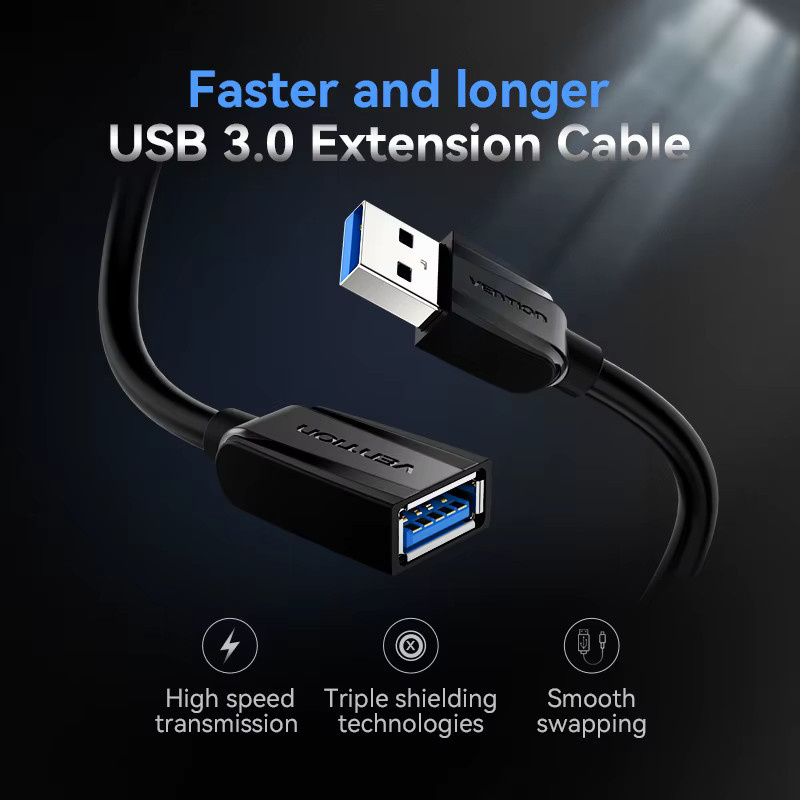 Vention USB 3.0 Verlängerungskabel Stecker auf Buchse in Schwarz für PC Laptop TV und Konsole - Bild 2