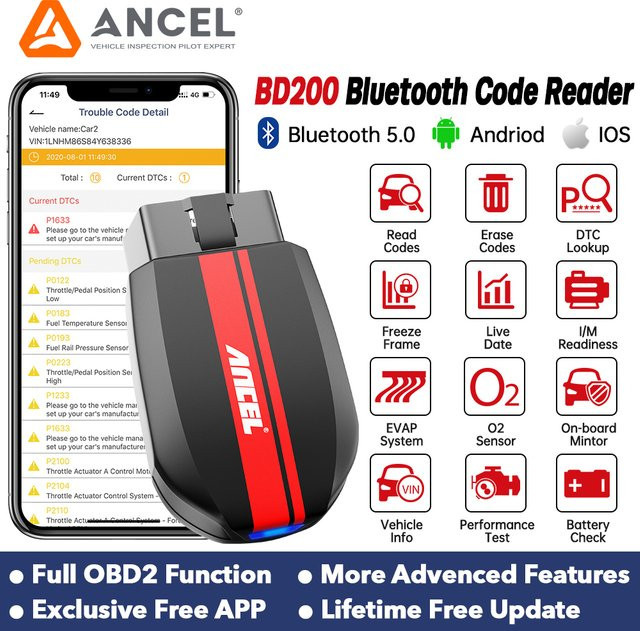 ANCEL BD200 OBD2 Automotive Scanner Bluetooth Diagnosegerät in Schwarz für Android und iOS - Bild 1
