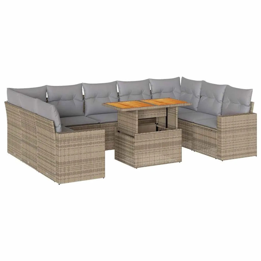 vidaXL 10-tlg. Garten-Sofagarnitur in L-Form aus Polyrattan und Akazienholz mit Kissen in Beige und Grau - Bild 2