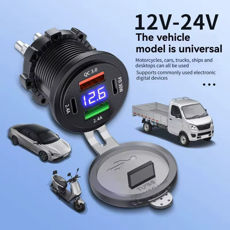 kebidumei Auto-Ladegerät mit Dual-USB PD & QC 3.0, 4 Anschlüssen, Voltmeter und wasserdichtem Steckdosenadapter für Auto und Boot, Schwarz - Bild 3