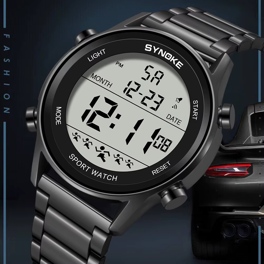 SYNOKE Digitaluhr, Edelstahl, Schwarz, Silber, Herren - Bild 3