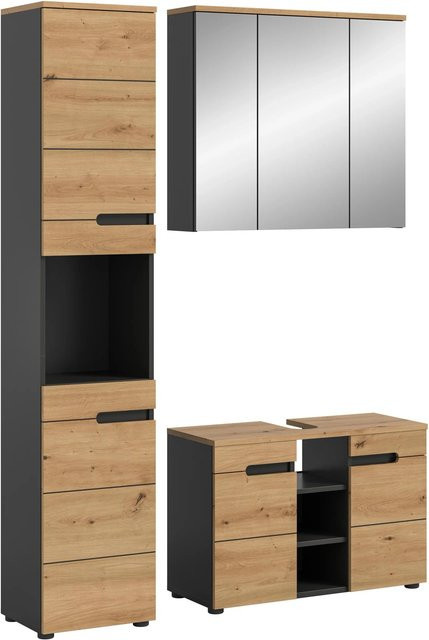 Badkombination Canu von xonox.home in Basalt Eiche Artisan Nachbildung, 3-teiliges Badezimmer-Set mit Spiegelschrank, Waschtischunterschrank und Hochschrank, Grau/Schwarz Matt, B/H/T: 133 x 193 x 34 cm - Bild 1