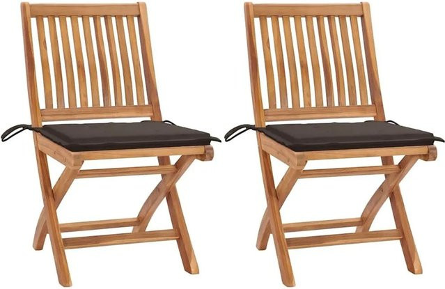 vidaXL Gartenstühle aus Teak Massivholz mit Kissen, 2er Set, Braun/Beige - Bild 1