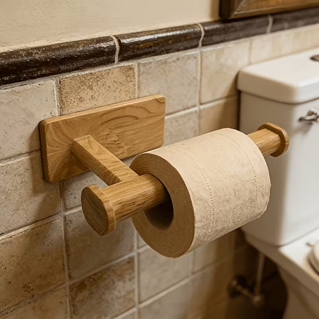 Wandmontierter Toilettenpapierhalter von HUILV in Braun mit Holzmaserung-Optik - Bild 1