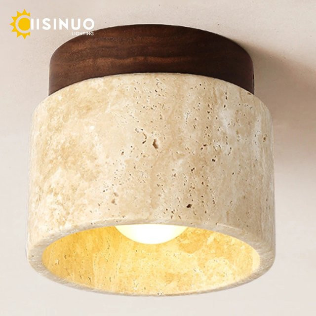IISINUO LED-Deckenleuchte im japanischen Stil aus Stein und Holz, rund, beige, für Wohnzimmer, Flur und Balkon - Bild 1