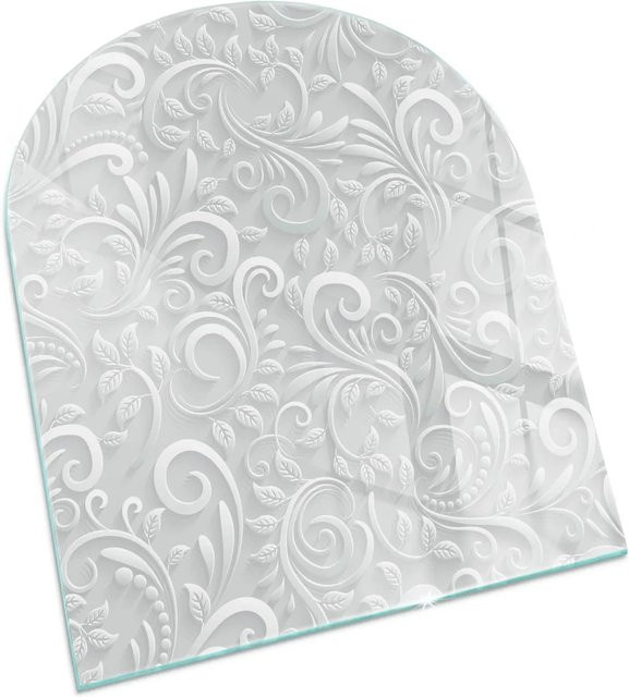 Tulup Kamin-Funkenschutzplatte aus Glas mit floralem Muster in Grau, Halbkreis, B: 80 cm, H: 70 cm - Bild 1