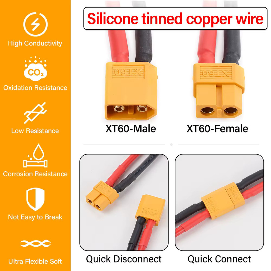 KingHui XT60 Buchse auf XT60 Stecker Adapter mit 400mm 12AWG Silikon Draht für Flugzeug Quadcopter Lipo Batterie und Drone - Bild 3