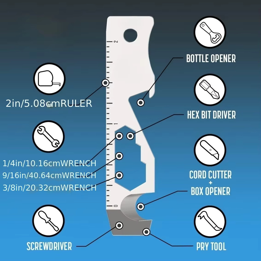 Schlüsselanhänger-Multitool EDC Multifunktionswerkzeug 10-in-1 in Silber mit Flaschenöffner, Schraubendreher und Kartonöffner - Bild 5