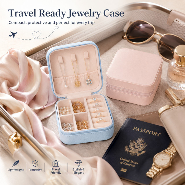 Tragbare Schmuck-Organizer-Box in Blau für Ringe, Ohrringe und Halsketten als Reise-Aufbewahrungsbox für kleine Accessoires - Bild 1