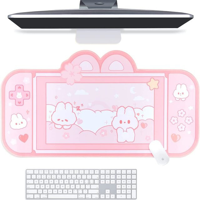 Ninth World Schreibtischunterlage Bunny Design in Pastell Rosa, Große Gaming Mousepad im Kawaii Anime Stil für Nintendo Switch und Tastaturen - Bild 1