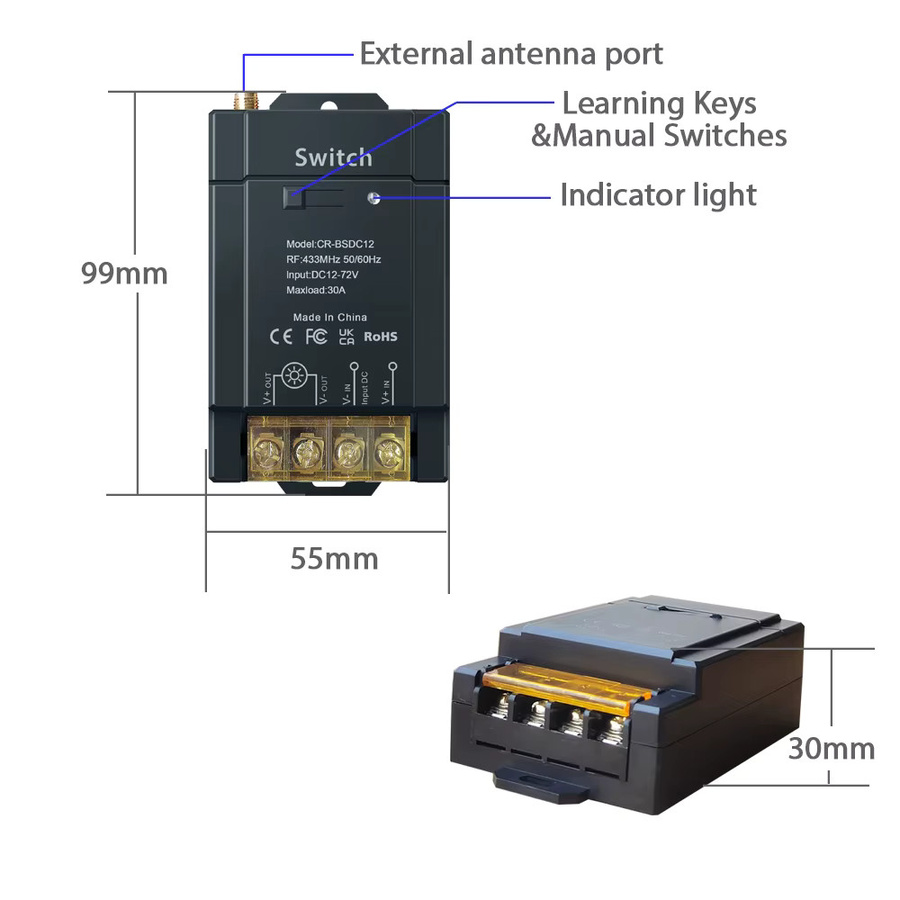 ColoRock Wireless RF433 Ein-Aus Fernbedienung mit 30A Hochleistung für 12-72V Gleichspannung, Reichweite 2000-2500m, Farbe: Weiß - Bild 3