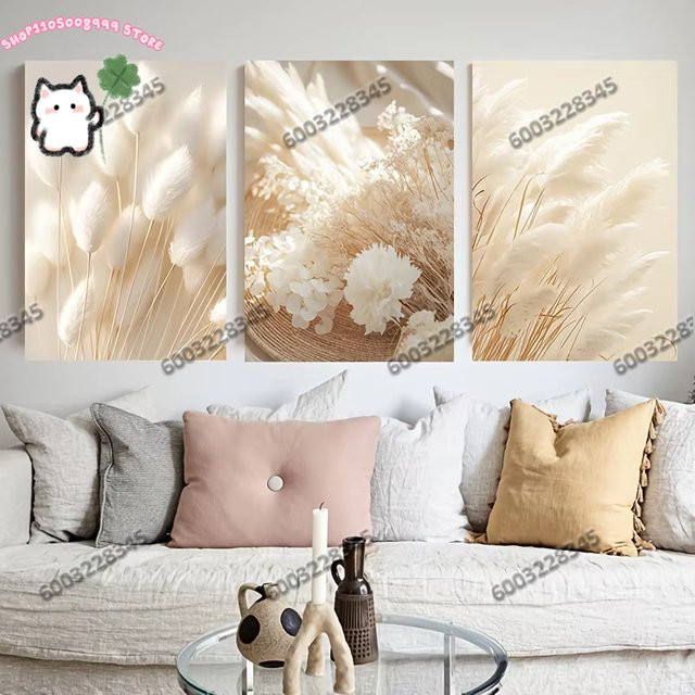 3er-Set rahmenlose Leinwand-Wandkunst von Potdemiel im Boho-Stil mit botanischen Gras- und Schilfrohrblättern in Beige - Bild 1