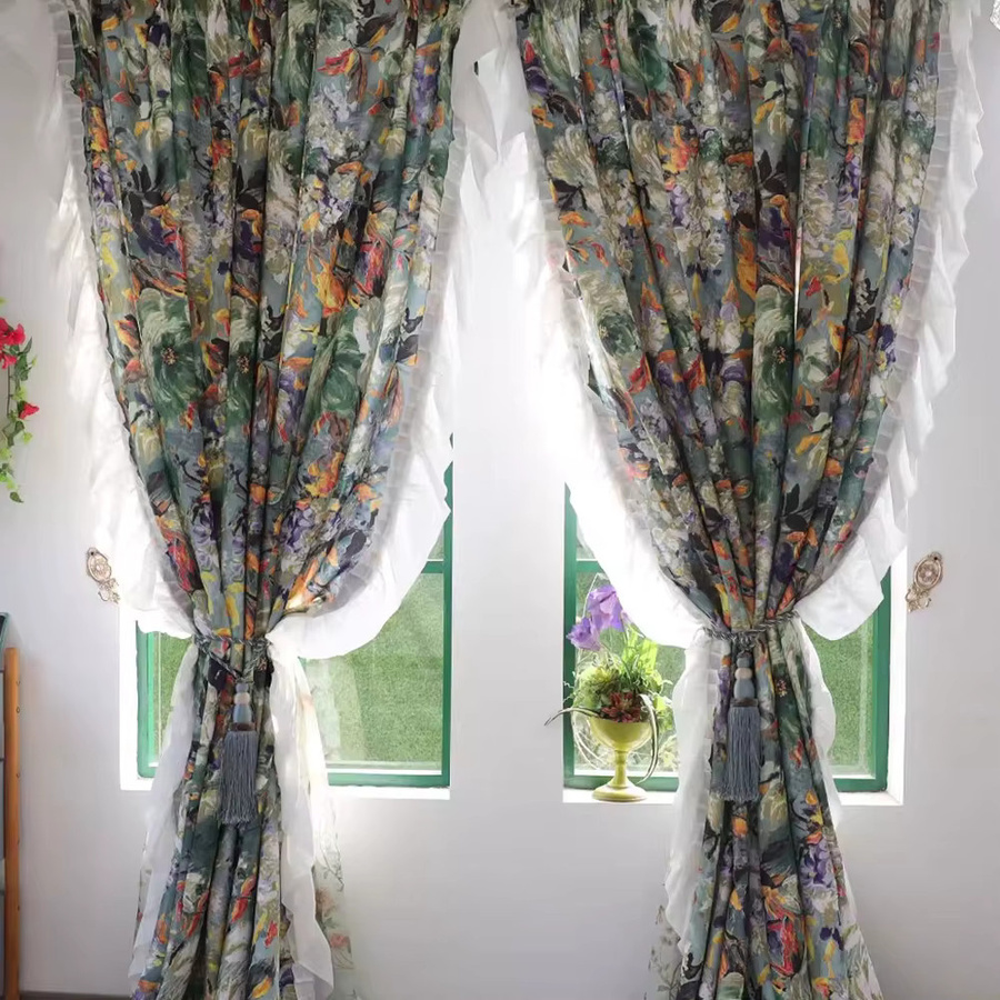 CENTURyMiG Kurzer Café-Vorhang mit Vintage-Monet-Ölgemälde-Druck und Spitzenbesatz, halbtransparent, Mehrfarbig, Breite: 100 cm, Höhe: 200 cm - Bild 2