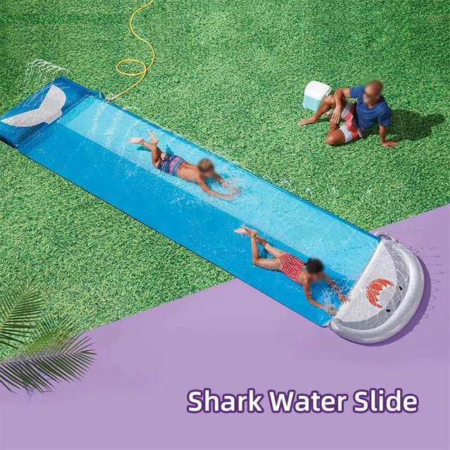 Sunny Side Aufblasbare Hai-Wasserrutsche, Outdoor-Wasserrutsche mit Doppelbahn, Planschbecken - Bild 1