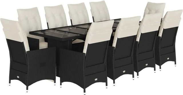 vidaXL 11-teiliges Garten-Bistro-Set aus schwarzem PE-Rattan mit Kissen und Glastisch - Bild 1
