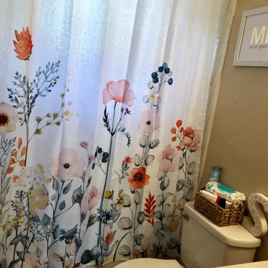 ABVT 2er-Set Duschvorhang mit 24 Haken im botanischen Aquarell-Design, Weiß/Mehrfarbig, Modernes Badezimmer-Set - Bild 2