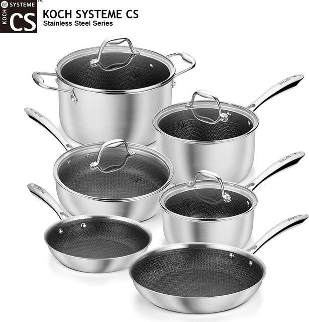 Koch Systeme CS 10-teiliges Kochgeschirr-Set aus Edelstahl in Silber mit antihaftbeschichteter Wabenstruktur, bestehend aus Töpfen, einer Bratpfanne und einer Saucenpfanne - Bild 1