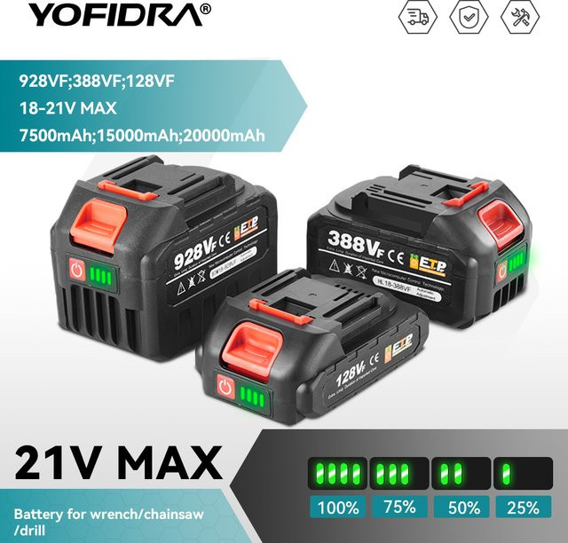 YOFIDRA Wiederaufladbare Lithium-Batterie 18-21V in Schwarz für Makita 18V und 21V Kettensägen, Bohrmaschinen und elektrische Schraubenschlüssel - Bild 1