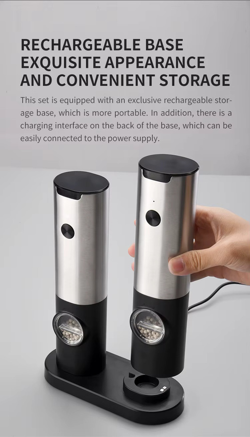 CLITON Elektrisches Salz- und Pfeffermühlen-Set aus Edelstahl, USB-wiederaufladbar, Silber - Bild 3