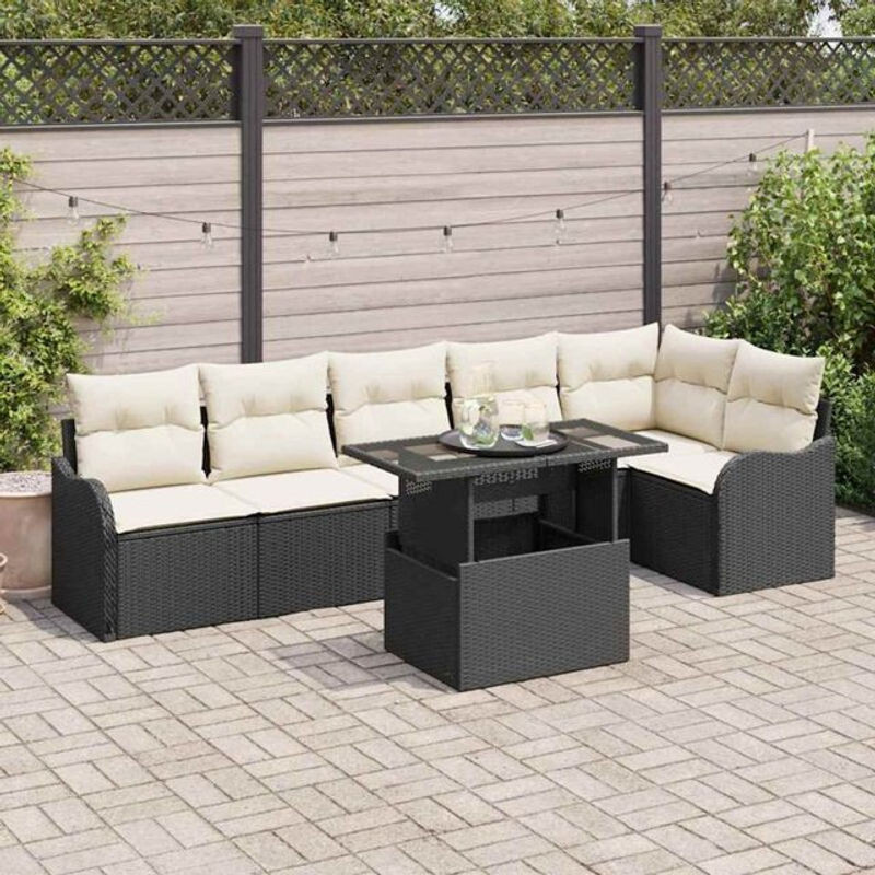 Vidaxl Garten-Sofa-Set aus Polyrattan mit 7-teiligem Kissen-Set in Schwarz - Bild 1