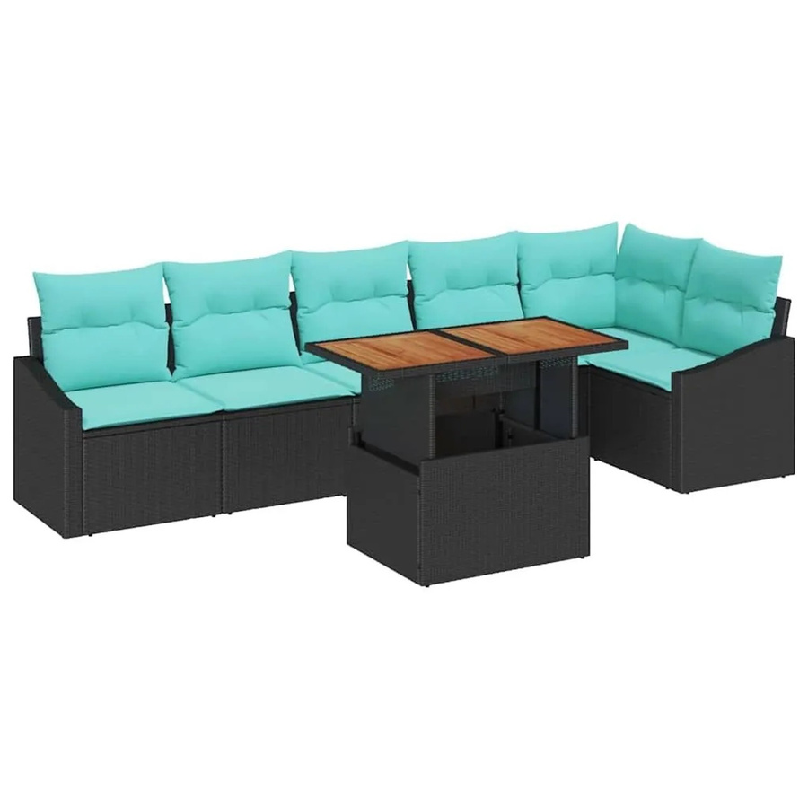vidaXL Garten Essgruppe 7-teilig aus Poly-Rattan und Akazienholz in Schwarz und Teal mit Kissen - Bild 2
