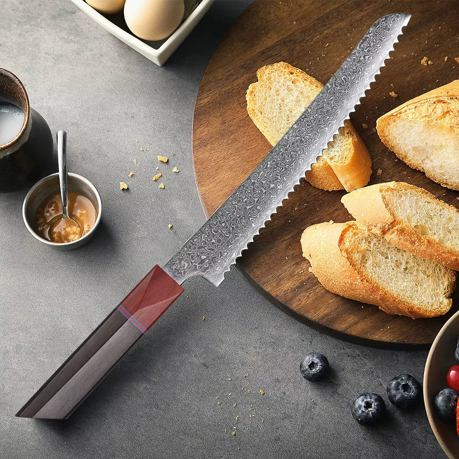 F.YOUNG Professionelles gezahntes Brotmesser aus Damaststahl mit Holzgriff, 21,59 cm - Bild 3