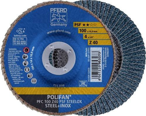 PFERD POLIFAN Fächerschleifscheibe PSF STEELOX Blau Durchmesser: 100 mm, Bohrungs-Ø: 16 mm, Körnung: 40 - Bild 1
